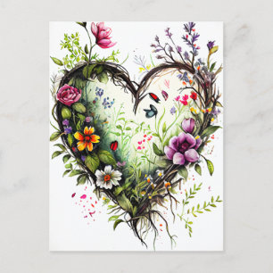 Ansichtkaart met vintage hart en waterverf bloemen briefkaart