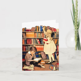 Ansichtkaart met vintagekinderen die boeken uit de notitiekaartje