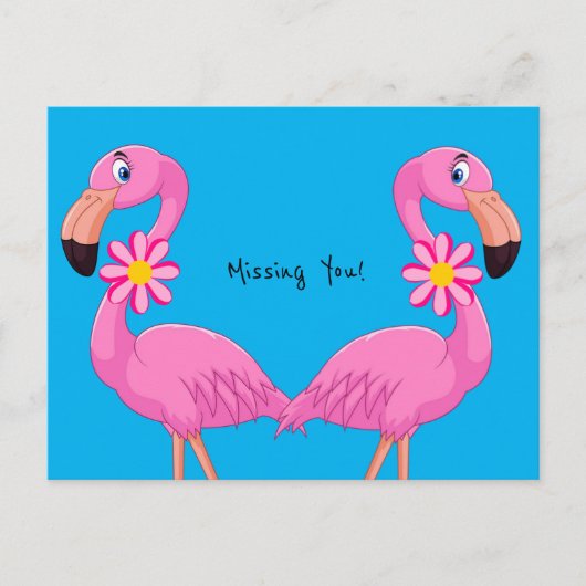 Ansichtkaart Roze Flamingo Bloemen Ik mis je! Briefkaart (Voorkant)