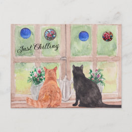 ANSICHTKAART Twee katten bij het raam Serene bloem Briefkaart