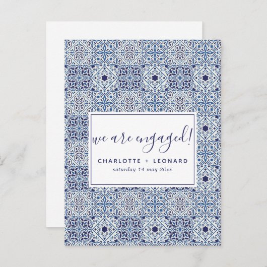 Ansichtkaart voor verlovingsfeest met blauwe tegel uitnodiging briefkaart (Voorkant / Achterkant)