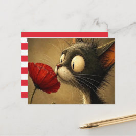 Ansichtkaart Zwart & Witte Kat Rode Bloem Streep Briefkaart