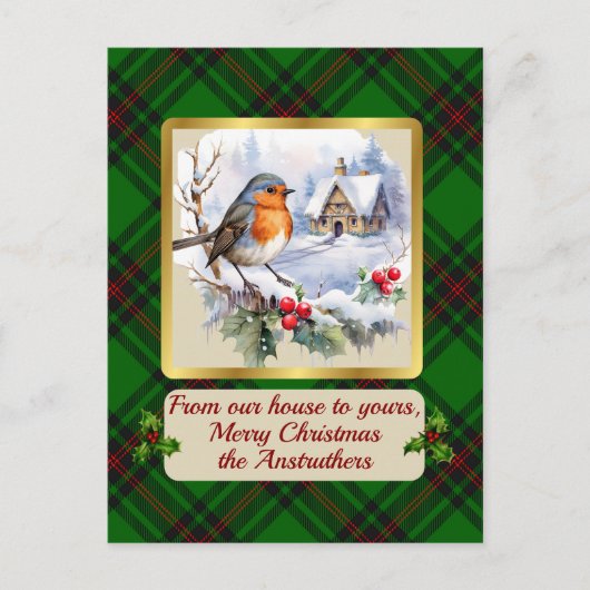 Anstruther Crest & Tartan w/Robin gepersonaliseerd Feestdagenkaart (Voorkant)