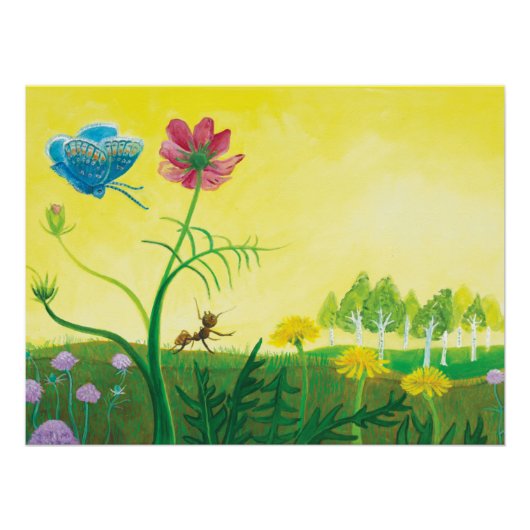 Ant en vlinder op poster van wilde bloemen (Voorkant)