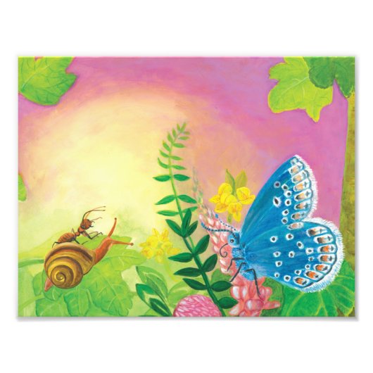 Ant, slak en Chapmans blauwe vlinder Foto Afdruk (Voorkant)