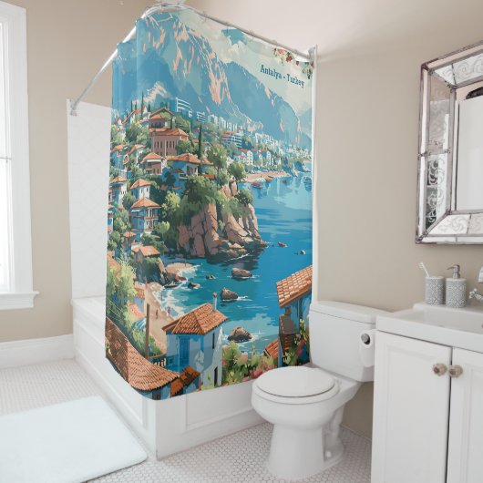 Antalya Turkije Kunst Vintage Illustratie Reizen Douchegordijn (In situ)
