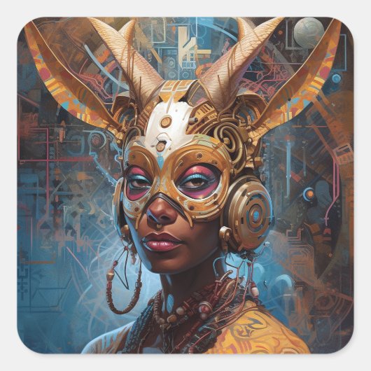 Antelope Headdress Science Fiction Cyberpunk Vierkante Sticker (Voorkant)
