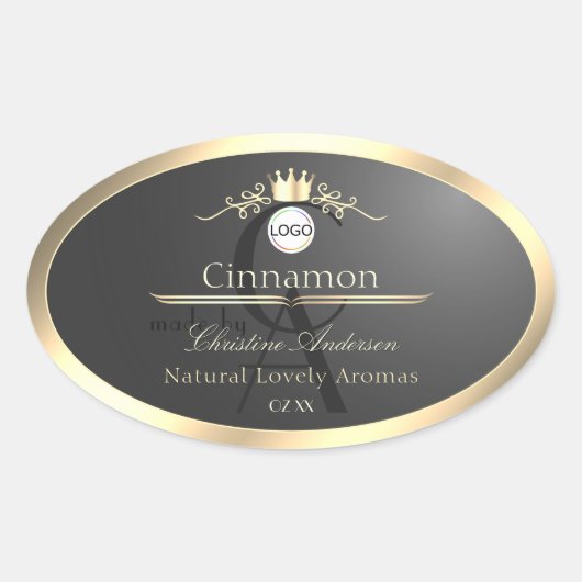 Anthraciet Gouden Rand Logo Monogram Productlabel Ovale Sticker (Voorkant)