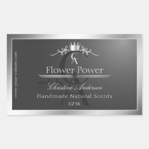 Anthraciet productlabel zilveren frame en monogram rechthoekige sticker