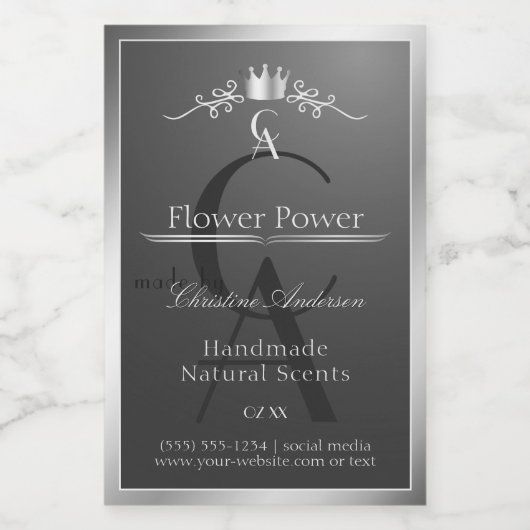 Anthraciet productlabel zilveren frame en monogram voedselcontainer etiket (Enkel label)