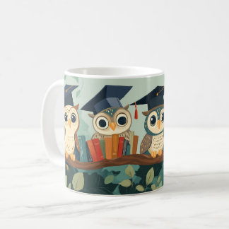 Anthropomorfe uilen met afstudeerhoeden zitten o koffiemok