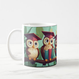 Anthropomorfe uilen met afstudeerhoeden zitten o koffiemok
