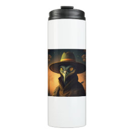 Anthropomorfe Zwarte Spreeuw Waarzegger In Elegant Thermosbeker