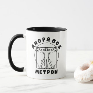 Anthropos Metron Griekse citaat + Vitruvian Man Mok