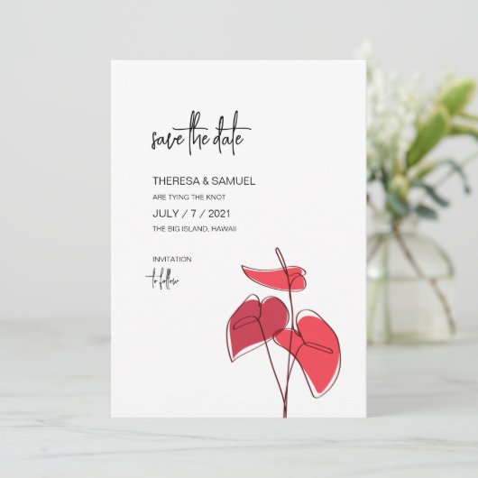 Anthurium · Bloemenlijntekening · Moderne bruiloft Save The Date (Staand voorkant)