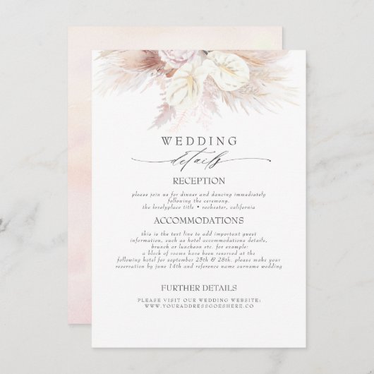 Anthuriums en Pampas Gras Bruiloft Informatie Informatiekaartje (Voorkant / Achterkant)