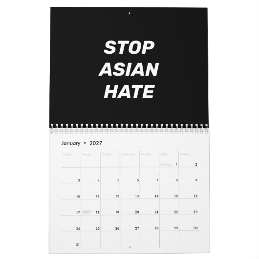 Anti-Aziatische Hate zwarte en witte moderne typog Kalender (Jan 2027)