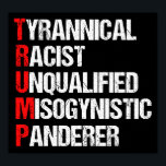 Anti Trump Funny Acronym Poster<br><div class="desc">Anti-Trump Funny Acronym Poster met een woordgedicht dat zijn karakter beschrijft: tirannieke,  racistische,  ongekwalificeerde,  vrouwenhatende anderer. Dit president weerstaan en steun blijven verlenen aan de inspanningen van het verzet voor gelijke rechten en fundamentele menselijke fatsoen in Amerika. De strijd voor vrijheid in ons land voor alle rassen en genders.</div>