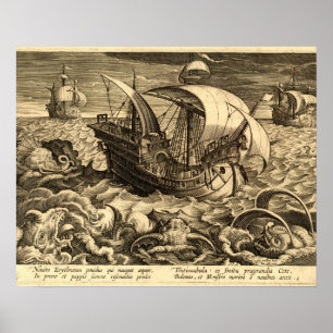 Antiek 1590 Schepen En Zee Monsters Poster