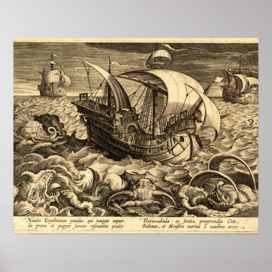 Antiek 1590 Schepen En Zee Monsters Poster (Voorkant)