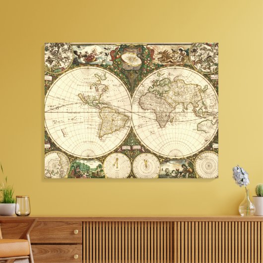 Antiek 1660 Wereldkaart van Frederick de Wit Canvas Afdruk (Insitu (Woonkamer))