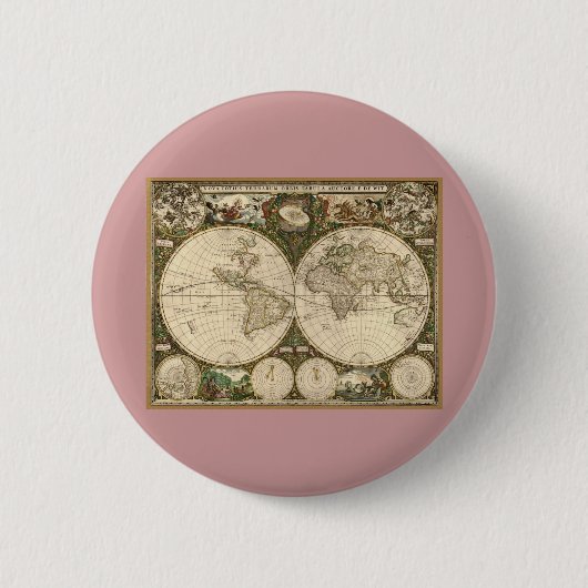 Antiek 1660 Wereldkaart van Frederick de Wit Ronde Button 5,7 Cm (Voorkant)