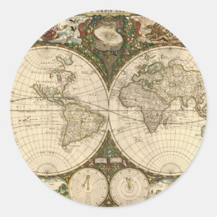 Antiek 1660 Wereldkaart van Frederick de Wit Ronde Sticker