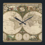 Antiek 1660 Wereldkaart van Frederick de Wit Vierkante Klok<br><div class="desc">Frederick de Wit: Nova totius terrarum orbis tabula auctore Een prachtige en gedetailleerde kaart, met openlijke grensdetails en vele kleine stukjes tekens en grafieken, zoals zee monsters, een door paarden of hippocampi getrokken chariot, een cornucopie, kaarten van de noordelijke en zuidelijke hemellichamen met hun constellaties, zodiale tekens rond de zon,...</div>