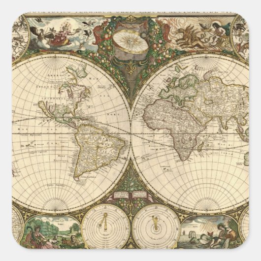 Antiek 1660 Wereldkaart van Frederick de Wit Vierkante Sticker (Voorkant)