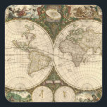 Antiek 1660 Wereldkaart van Frederick de Wit Vierkante Sticker<br><div class="desc">Frederick de Wit: Nova totius terrarum orbis tabula auctore. Een prachtige en gedetailleerde kaart, met ingewikkelde grensdetails en veel kleine stukjes tekens en grafieken zoals zee monsters, een door paarden of hippocampi getrokken chariot, een cornucopie, kaarten van de noordelijke en zuidelijke hemellichamen met hun constellaties, zodiale tekens rond de zon,...</div>