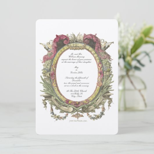 Antiek 1755 Baroque Rococo Floral Oval Invitation Kaart (Staand voorkant)