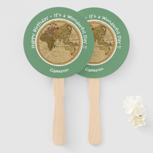 Antiek 1786 Oostelijk halfrond Kaart Thema Feest Handwaaier (Voorkant en achterkant)