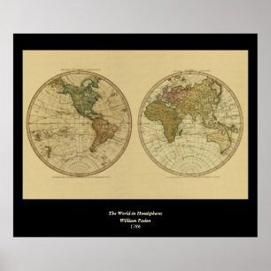 Antiek 1786 Wereldkaart van William Faden Poster