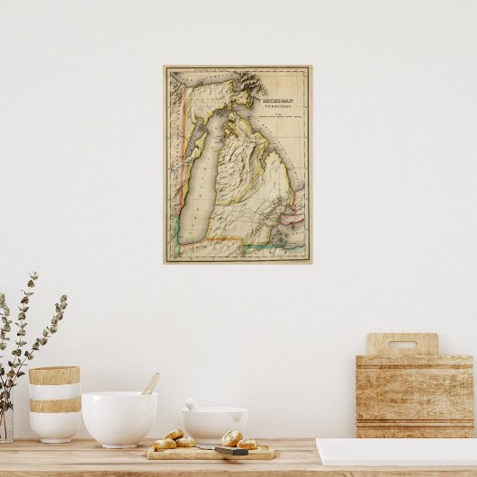 Antiek 1822 Michigan-kaart met moderne religie Poster (Keuken)