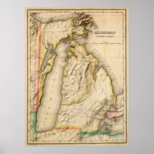 Antiek 1822 Michigan-kaart met moderne religie Poster