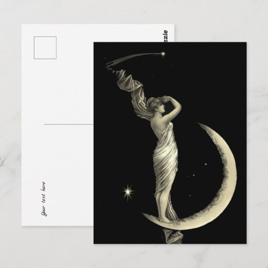 Antiek 1889 vrouw op halve maan print briefkaart (Voorkant / Achterkant)
