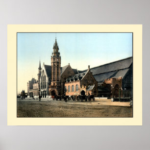 Antiek 1890 kleurenfoto Brugge spoorwegstation Poster