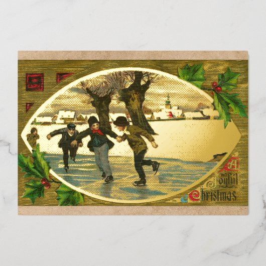 Antiek 1909 Jongens Schaatsten Goud Folie Feestdagenkaart (Voorkant)