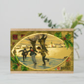 Antiek 1909 Jongens Schaatsten Goud Folie Feestdagenkaart (Staand Voorkant)