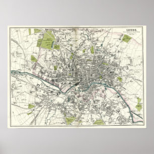 Antiek 19e eeuw Kaart van Leeds Poster