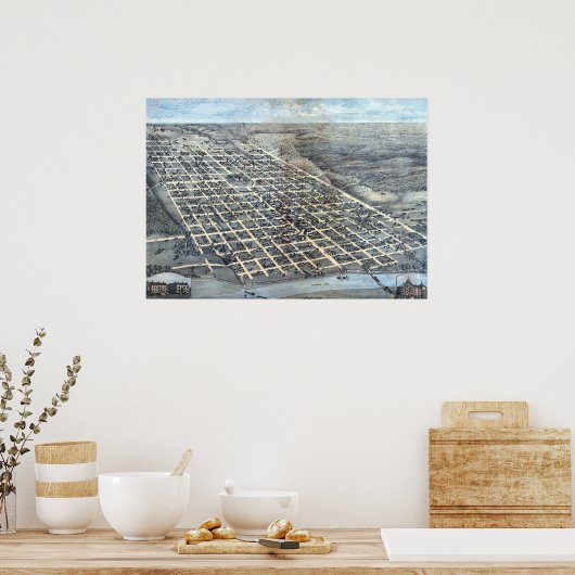 Antiek Aerial City Map of Austin, Texas, 1873 Poster (Keuken)
