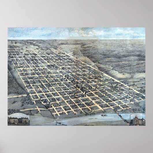 Antiek Aerial City Map of Austin, Texas, 1873 Poster (Voorkant)