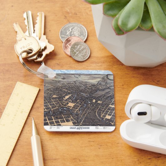 Antiek Aerial City Map of San Antonio, Texas 1873 Sleutelhanger (Bureau)