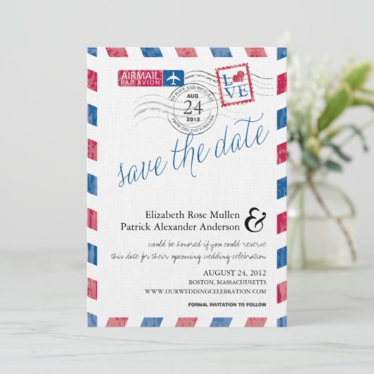 Antiek Airmail sparen de Datum Save The Date (Staand voorkant)