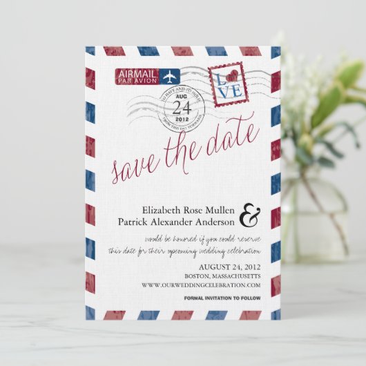Antiek Airmail sparen de Datum Save The Date (Staand voorkant)
