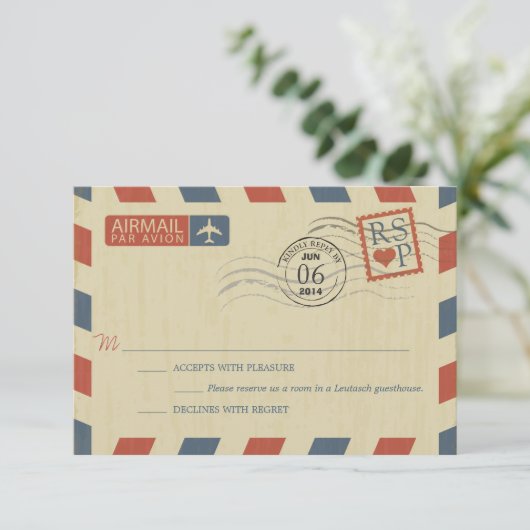 Antiek Airmail Wedding RSVP (Staand voorkant)