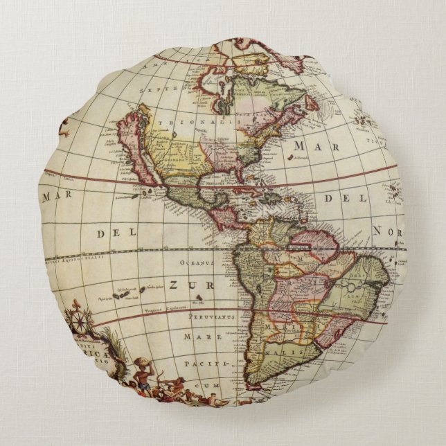 Antiek Amerikaanse kaart van Johannes De Ram Rond Kussen (Achterkant)