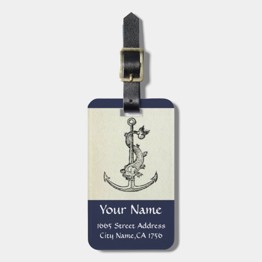 ANTIEK ANCHOR & FISH NAUTICAL Navy Blue Monogram Bagagelabel (Voorkant verticaal)