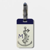 ANTIEK ANCHOR & FISH NAUTICAL Navy Blue Monogram Bagagelabel (Achterkant verticaal)