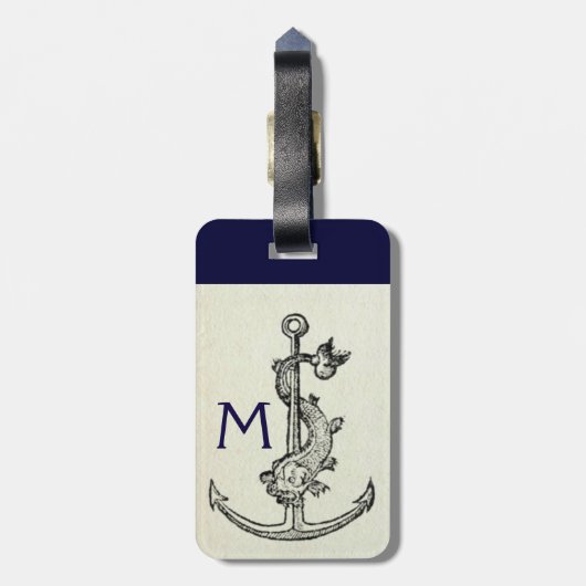ANTIEK ANCHOR & FISH NAUTICAL Navy Blue Monogram Bagagelabel (Achterkant verticaal)